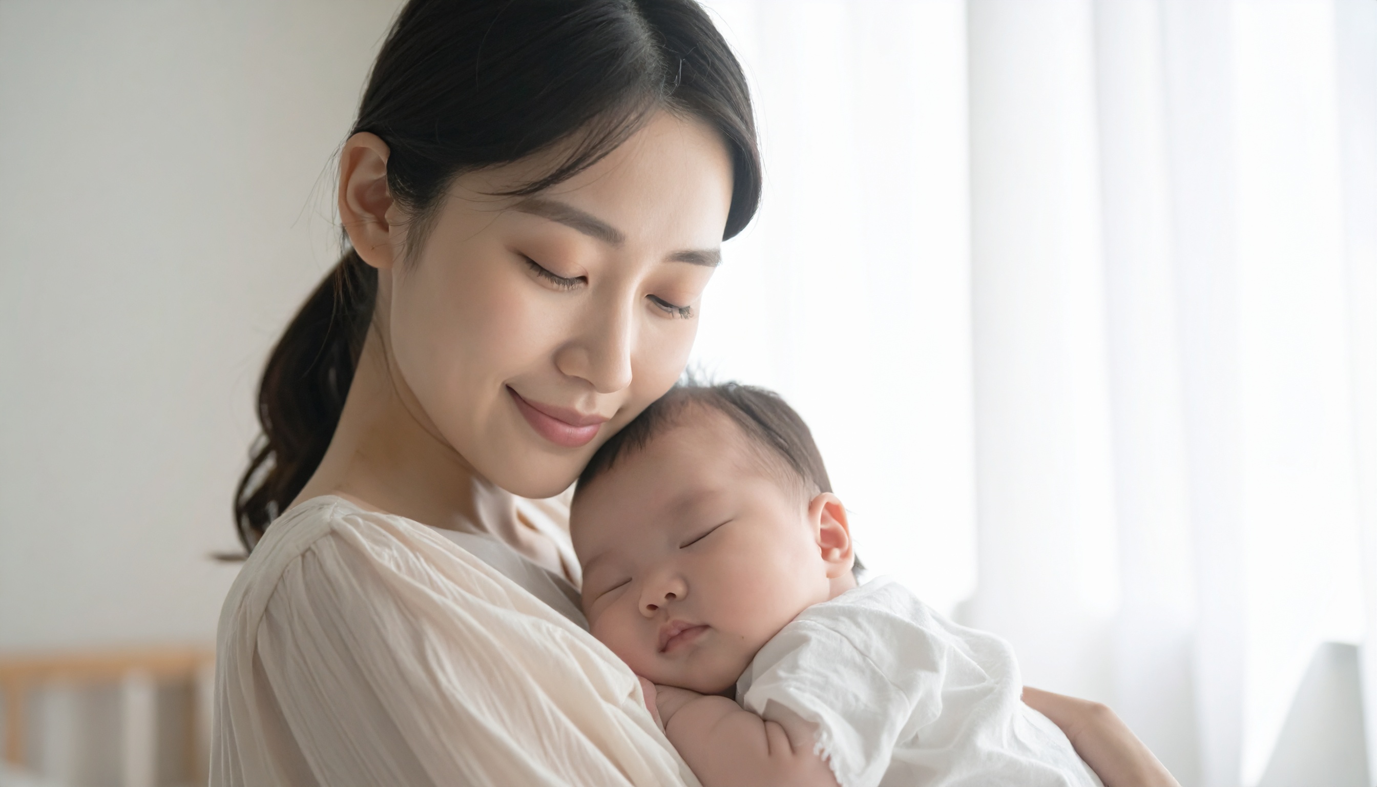 Uma mulher segura um bebê adormecido em seus braços em um ambiente iluminado e sereno. A iluminação suave e natural realça suas expressões tranquilas e carinhosas, enquanto o fundo desfocado adiciona uma sensação de calma e intimidade. A composição é centrada, com foco claro nos rostos, transmitindo uma atmosfera de afeto e proteção.